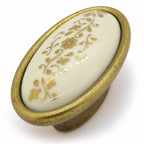 Vintage Möbelknauf mit Porzellan-Inlay creme mit Goldmuster