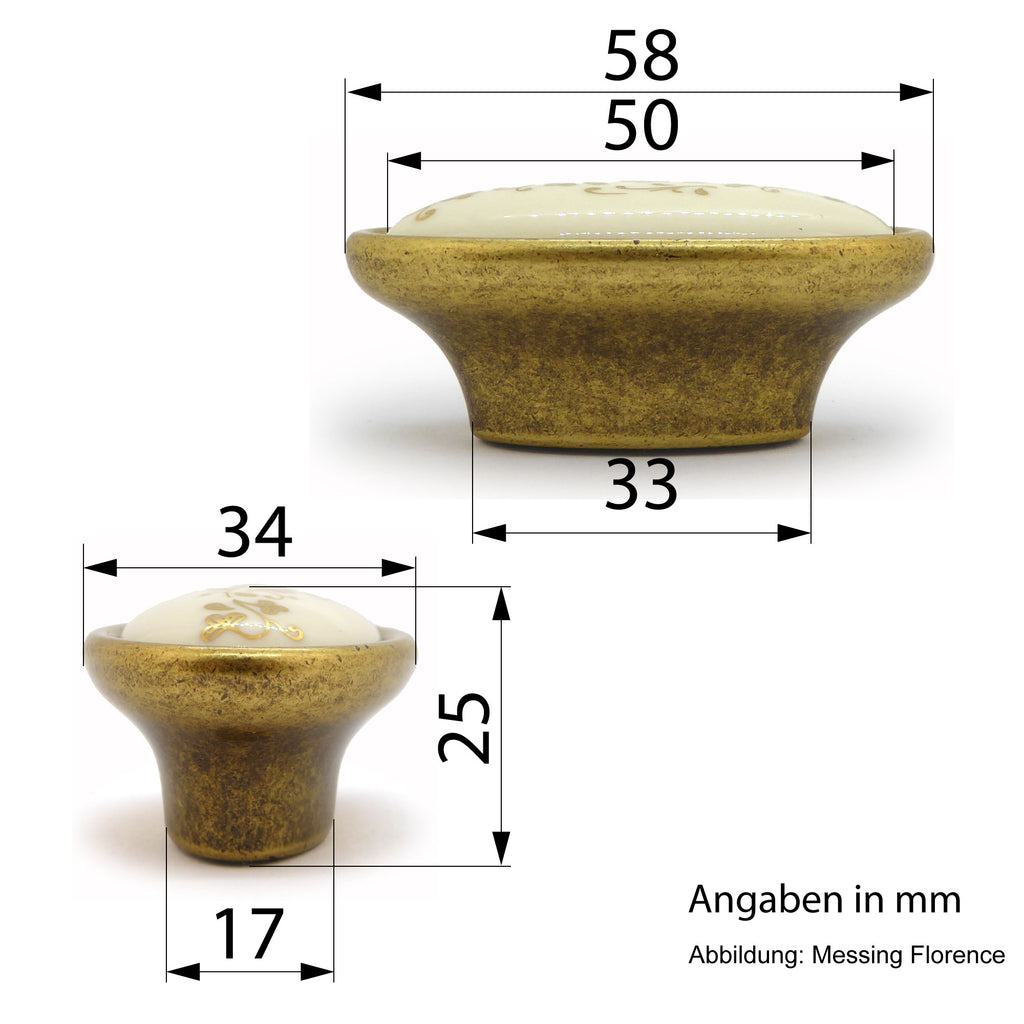 Vintage Möbelknauf mit Porzellan-Inlay creme mit Goldmuster